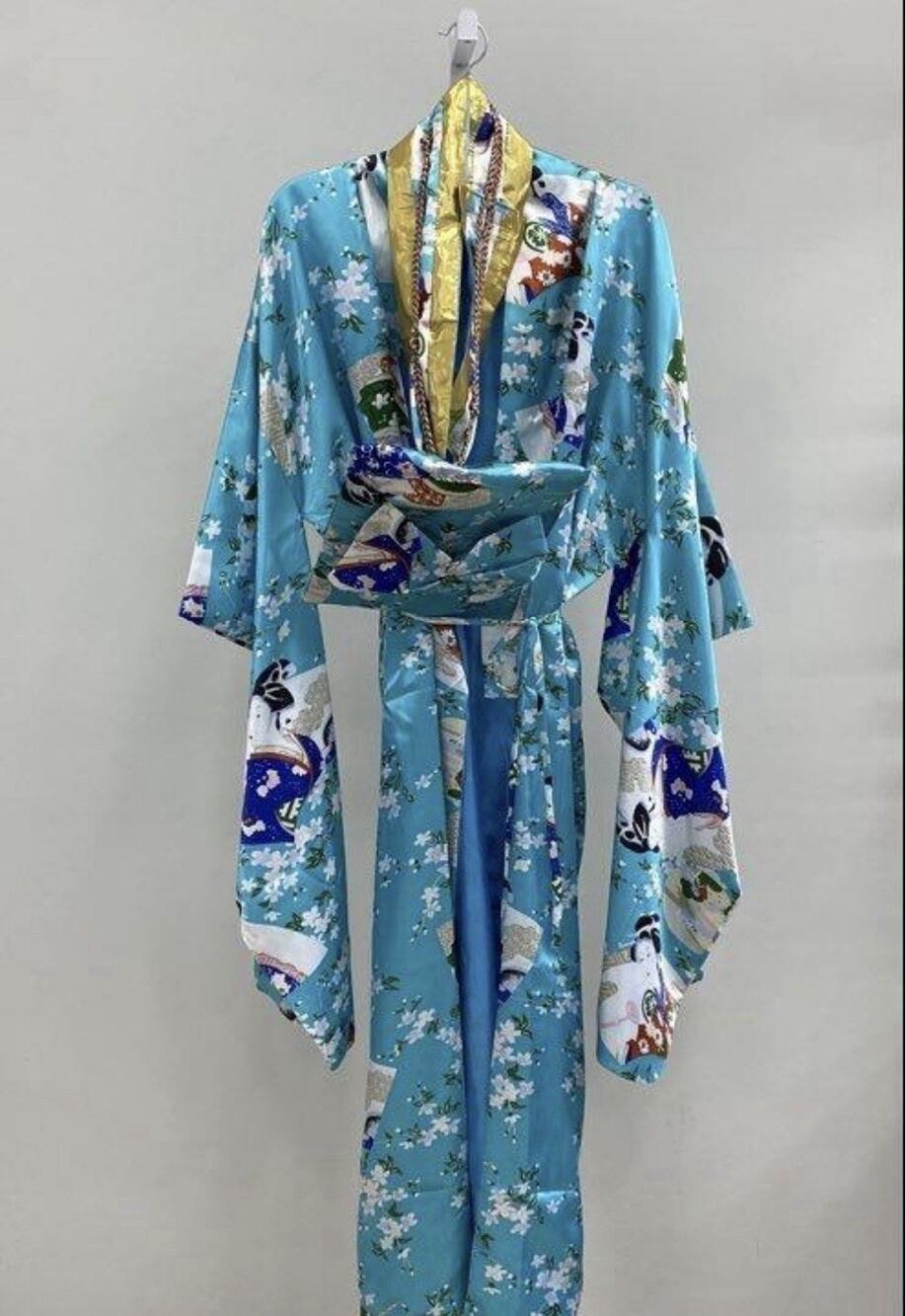 japanese yukata kimono obi cosplay robe geisha dress Blue Silky Large